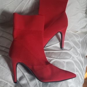 Bright red mid calf high boots